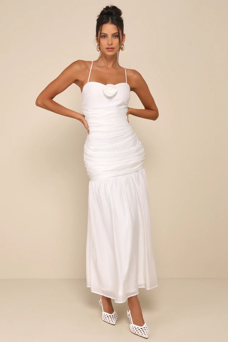 Dream Elegance White Ruched Rosette Drop Waist Maxi Dress | Lulus