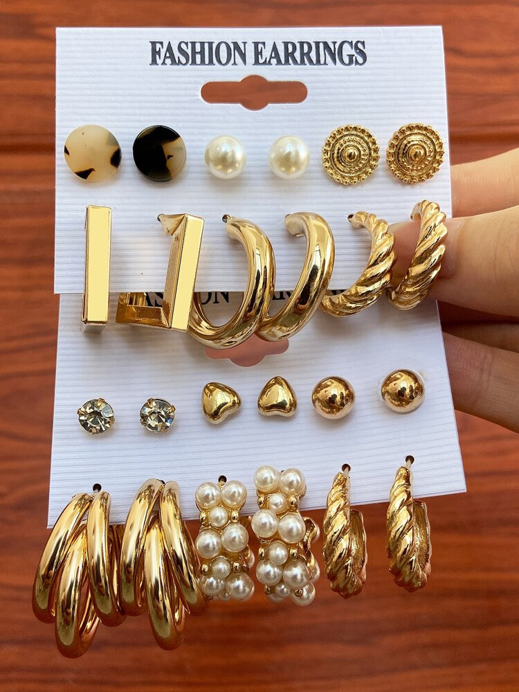 12pairs Faux Pearl & Heart Decor Earrings | SHEIN