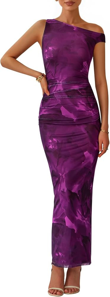 PRETTYGARDEN Women's 2025 Summer Floral One Shoulder Maxi Dress Wedding Guest Ruched Mesh Bodycon... | Amazon (US)