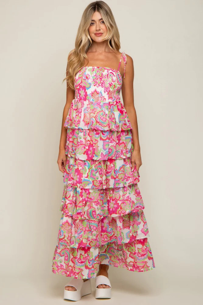 Fuchsia Floral Chiffon Smocked Shoulder Tie Ruffle Tiered Maternity Maxi Dress | PinkBlush Maternity