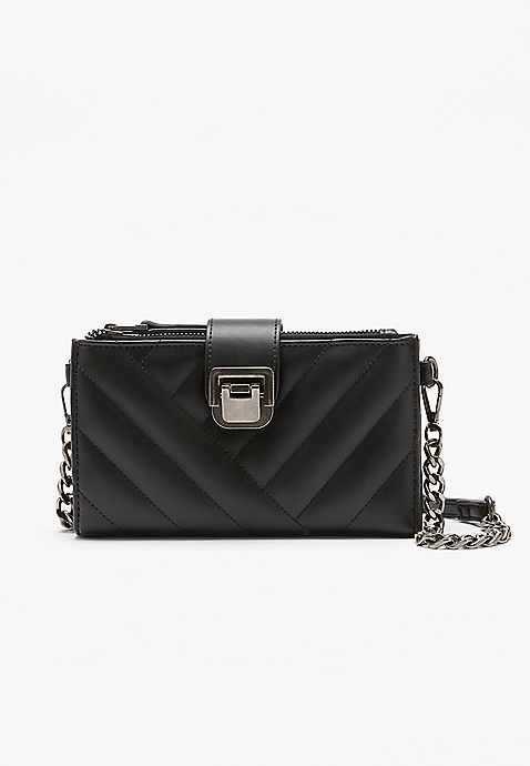 Black Quilted Chain Strap Crossbody Bag | Maurices