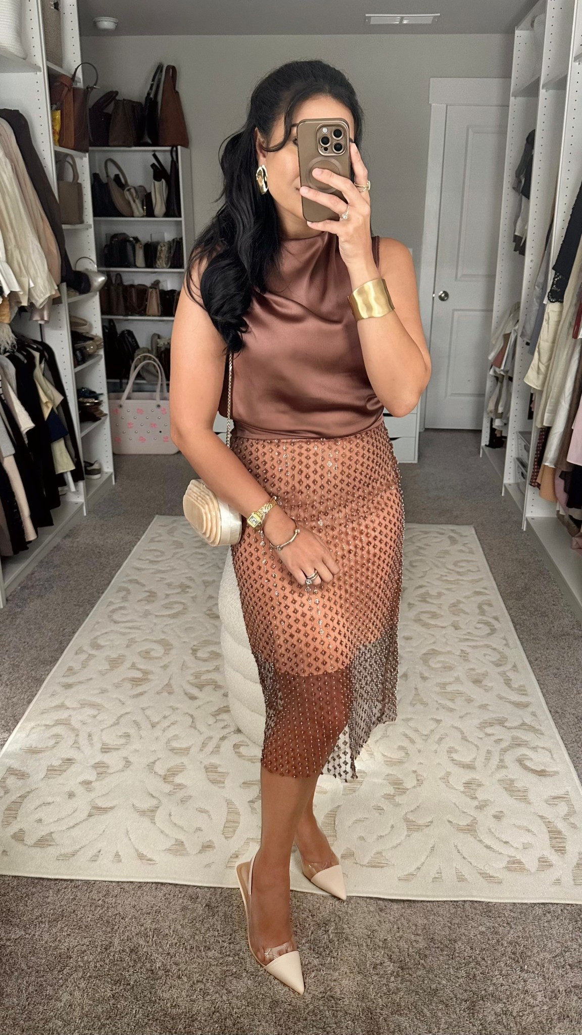 Satin draped top & Zara embellished sequin beaded mesh midi skirt, Zara box bag clutch, cream pointed toe kitten heels, & gold jewelry ✨🤎

#LTKSeasonal #LTKStyleTip #LTKSummerEdit