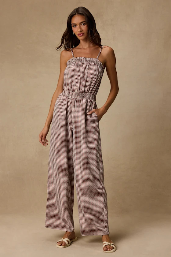 Dylan Brown Gingham Wide-Leg Jumpsuit | Lulus