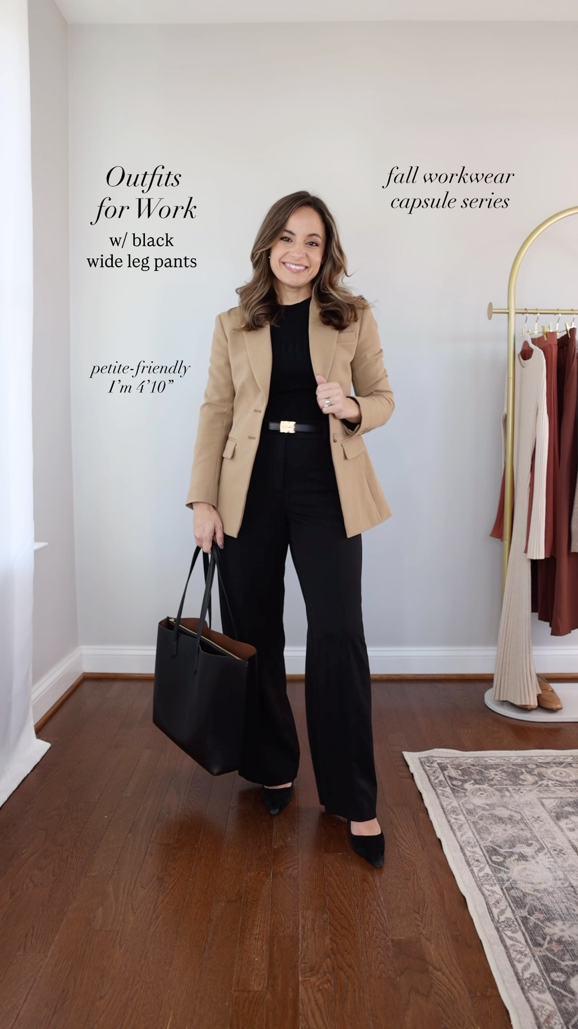 The 2025 fall workwear capsule series: black wide leg pants eight ways! 

There are 21 items in this capsule and over 30+ outfit ideas.

Black top (Quince): xs 
V neck sweater (Quince): xs in oatmeal 
Short sleeve sweater (Quince): xs in rich burgundy 
Button down top (J.Crew Factory): petite xxs 
White long sleeve top (Quince): xs 
Duster cardigan (Amazon): xs in apricort 
Plaid blazer (BR Factory): petite 00 
Tan blazer (J.Crew): petite 00 in burnished saddle 
Black wide leg pants (Ann Taylor): petite 00 / 10” rise / 28.5” inseam (I’m wearing curvy, I can only wear with heels) 

My measurements for reference: I’m 4’10” and 105lbs. My bust, waist, and hip measurement is 32”, 24”, and 36”.

#LTKWorkwear #LTKPetite