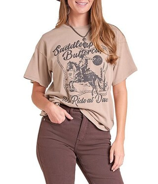 Knit Saddle Up Buttercup Front Graphic Crew Neck Western Short Sleeve Tee Shirt | Dillard's