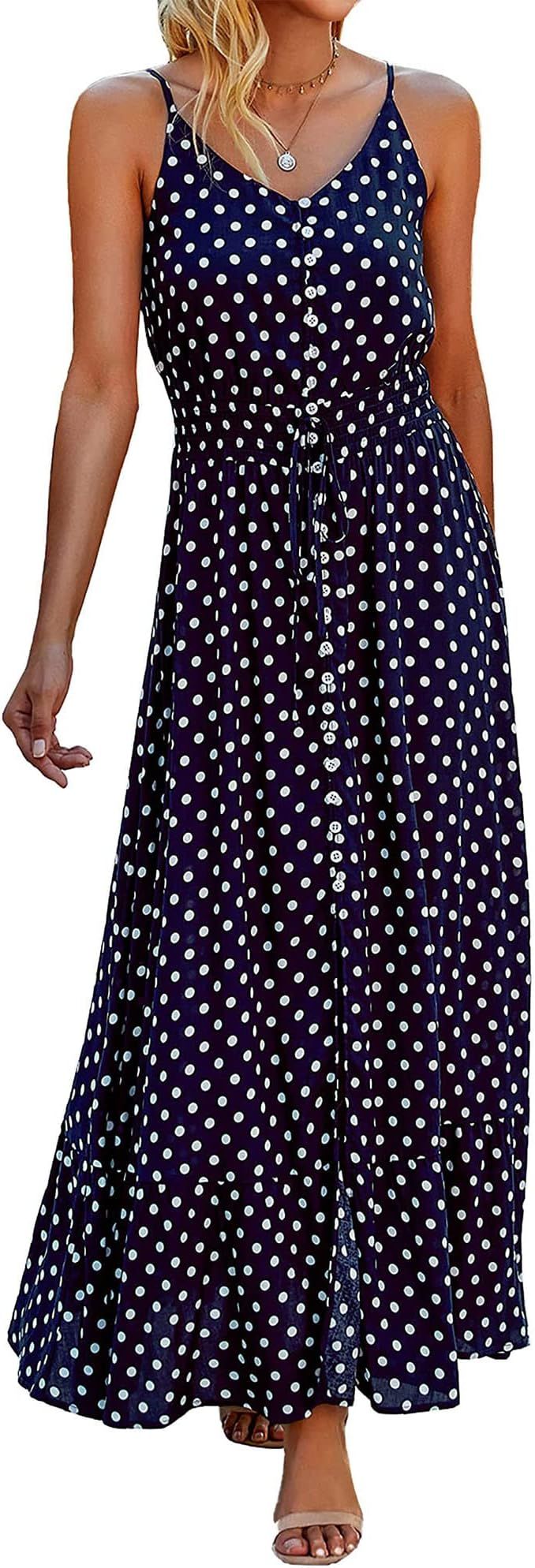BTFBM Women 2024 Summer Spaghetti Strap V Neck Dress Polka Dot Floral Button Down Slit Sleeveless... | Amazon (US)