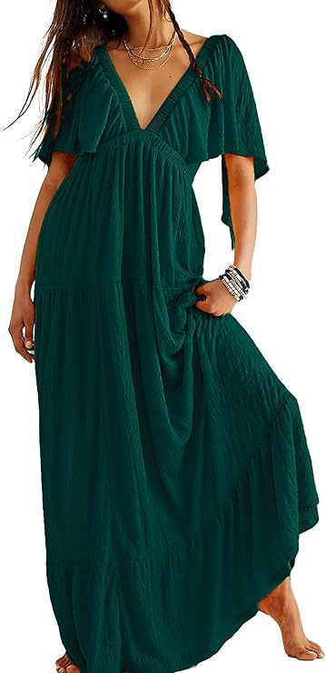 Summer Dresses for Women 2024 Sexy V-Neck Maxi Dress Tiered Silhouette with Flutter Sleeves Backl... | Amazon (US)