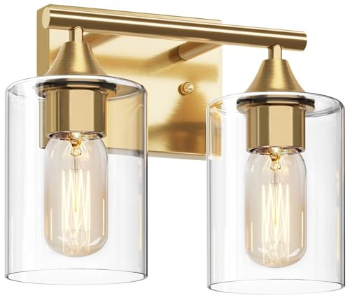 XPEHK Gold Vanity Lights for Bathroom,2-Light Bathroom Light Fixtures,Brushed Brass Gold Wall Sconce Lighting,Modern Wall Lamp for Mirror Bedroom Vanity Table Hallway | Amazon (US)