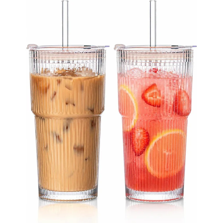 20 oz Ribbed Glass Tumblers with Lids and Glass Straws, 2 Pack Clear Iced Coffee Cups with Cleani... | Walmart (US)