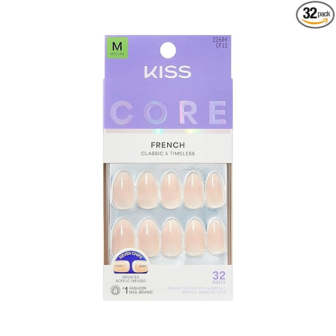 Kiss Core, Press On Nails, Nail glue included, 'Burble', Pink, Medium Size, Almond Shape, Include... | Amazon (US)