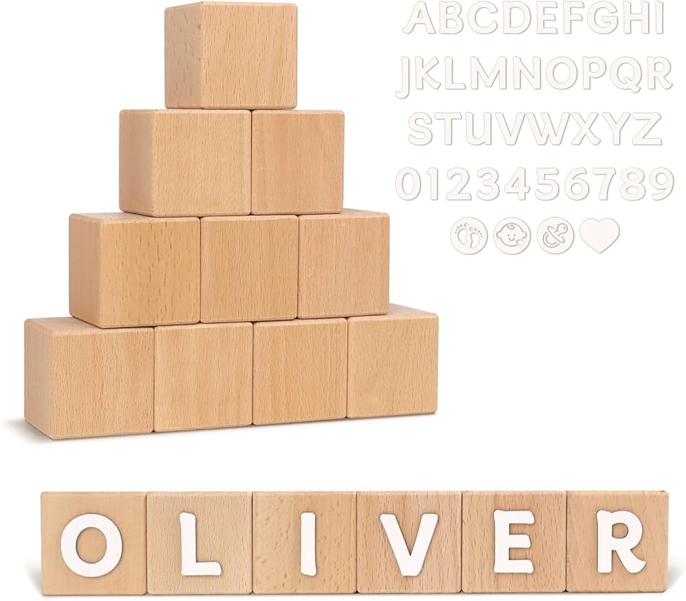 10 Pcs Custom Wooden Letter Blocks, Personalized Wood Name Blocks and 112 White Letter Nursery Na... | Amazon (US)