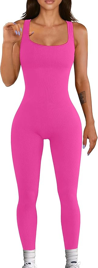Women Workout Seamless Jumpsuit Yoga Ribbed Bodycon One Piece Tank Top Leggings Romper | Amazon (US)