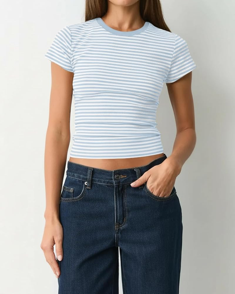 BAIGRAM Women Preppy Striped Short Sleeve Crop Tshirt Tops Y2K Aesthetic Crewneck Slim Fit Baby T... | Amazon (US)