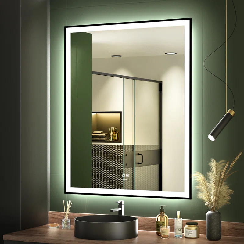 LED Black Framed Bathroom Vanity Mirror, Illuminated Dimmable Anti Fog Makeup Mirror, 3 Colour Li... | Wayfair North America