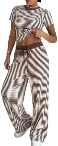 EXLURA Womens Cotton Summer 2 Piece Outfits Striped Short Sleeve Top Matching Wide Leg Sweatpants... | Amazon (US)