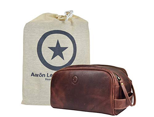 10" Premium Leather Toiletry Travel Pouch With Waterproof Lining | King-Size Handcrafted Vintage Dopp - Kit By Aaron Leather Goods (Dark Brown) | Amazon (US)