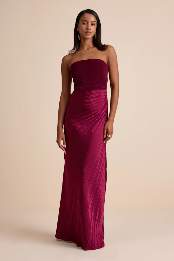 Nyrah Berry Red Satin Pleated Strapless Maxi Dress | Lulus