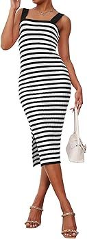 MEROKEETY Women's 2024 Summer Striped Knit Bodycon Midi Dress Square Neck Side Slit Tank Ribbed S... | Amazon (US)