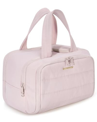 BAGSMART Travel Toiletry Bag, Crush Toiletry Bag for Women, Wide-open Puffy Toiletry Bags for Traveling, Large Travel Cosmetic Makeup Bag Organizer for Accessories,Toiletrie, Pink | Amazon (US)