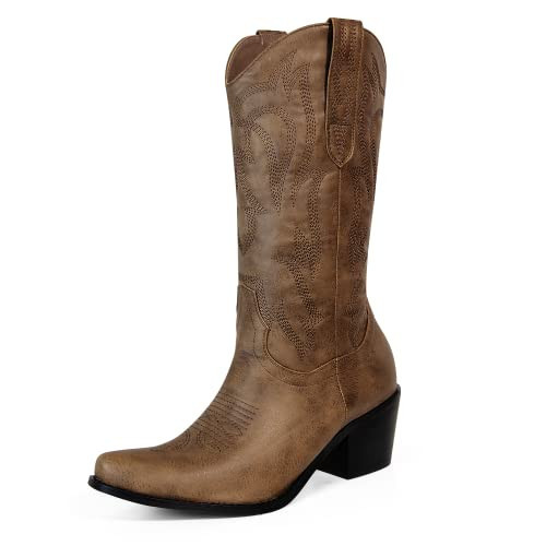 Ouepiano Brown Cowboy Boots for Women - Wide Calf Cowgirl Boots Mid-Calf Western Boots with Classic Embroidered, Pointed Toe Slip On Chunky Heel for Country Concerts and Parties | Amazon (US)