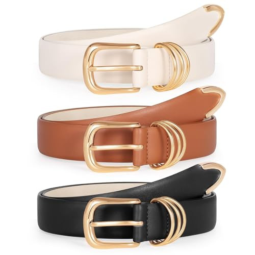 TRIWORKS Women's Leather Belts for Jeans Dresses Ladies Waist Belt with Fashion Gold Buckle, A-Black+Brown+Beige | Amazon (US)