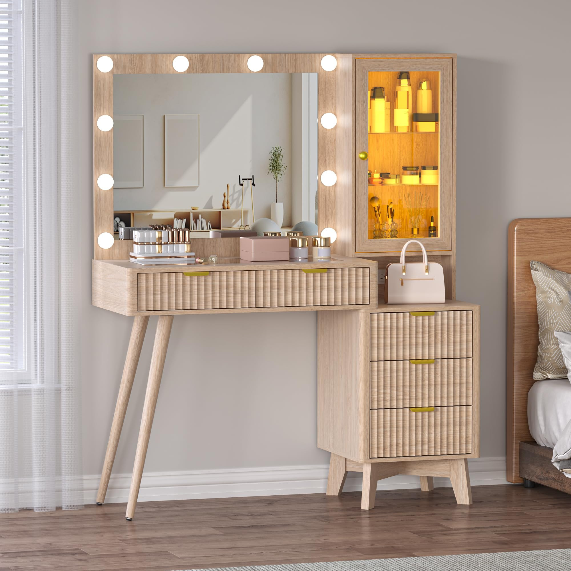 45” Fluted Makeup Vanity Desk with Mirror and Lights, Glass Top Dressing Table with 5 Drawers, ... | Amazon (US)