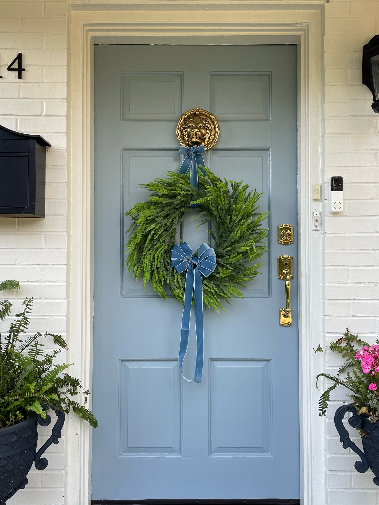 Christmas wreath is up on the front door!! This one was such a great Amazon find — around $40 and has a “real touch” Norfolk Pine feel!! Blue velvet ribbon from hobby lobby - linked similar ones from Amazon! 🎄🤍

#LTKHoliday #LTKSeasonal #LTKFindsUnder50