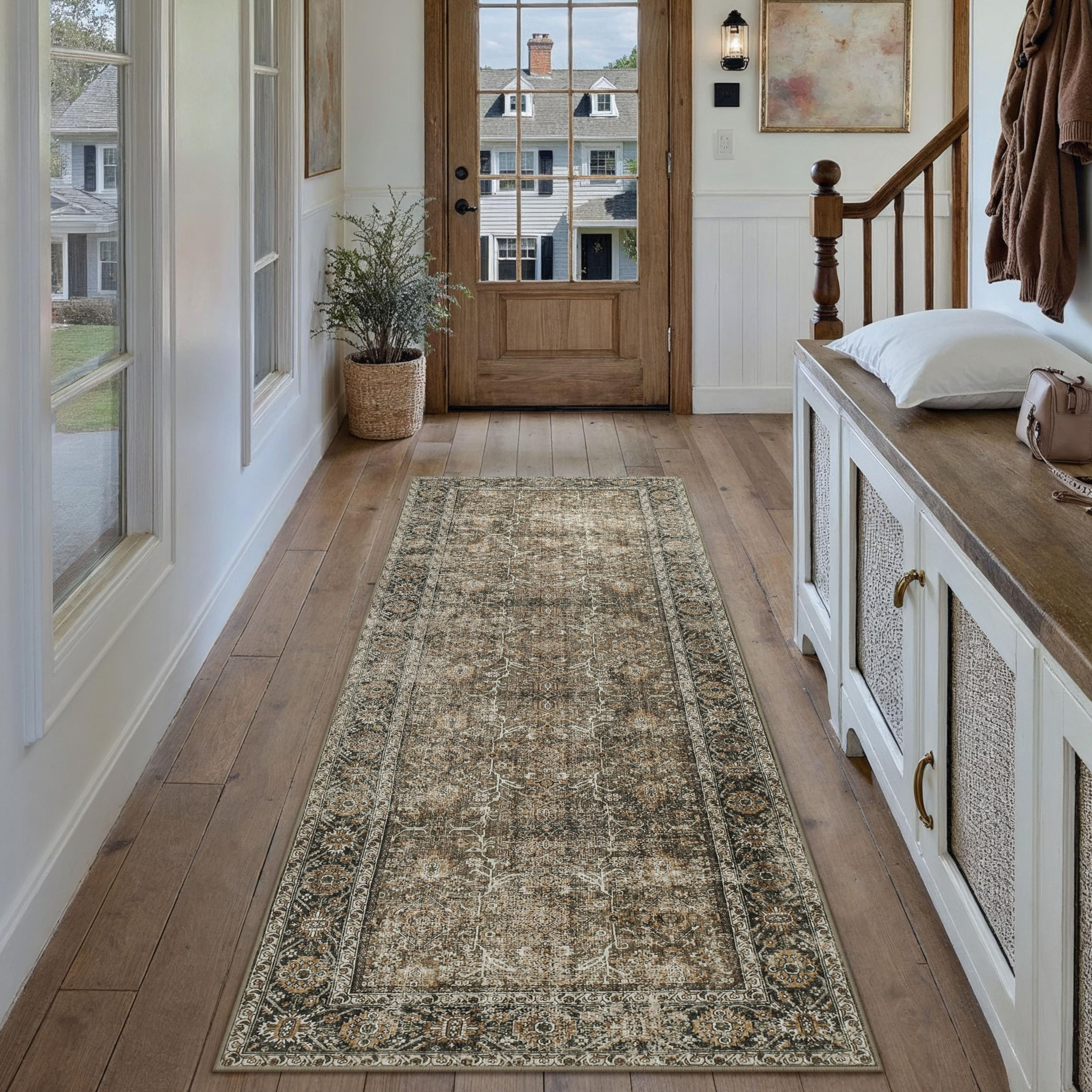 Brown Runner Rug 2x5 Vintage Area Carpet Hallway Indoor Kitchen Washable Living Room Low Pile Tra... | Amazon (US)