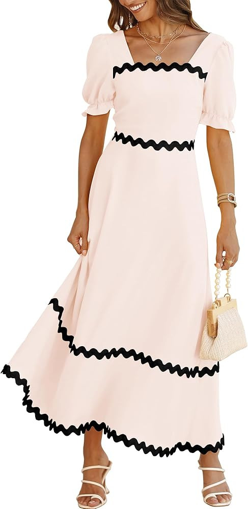 BTFBM Women's 2024 Summer Square Neck Short Puff Sleeve Dress Casual RIC Rac Tie Back Smocked A L... | Amazon (US)