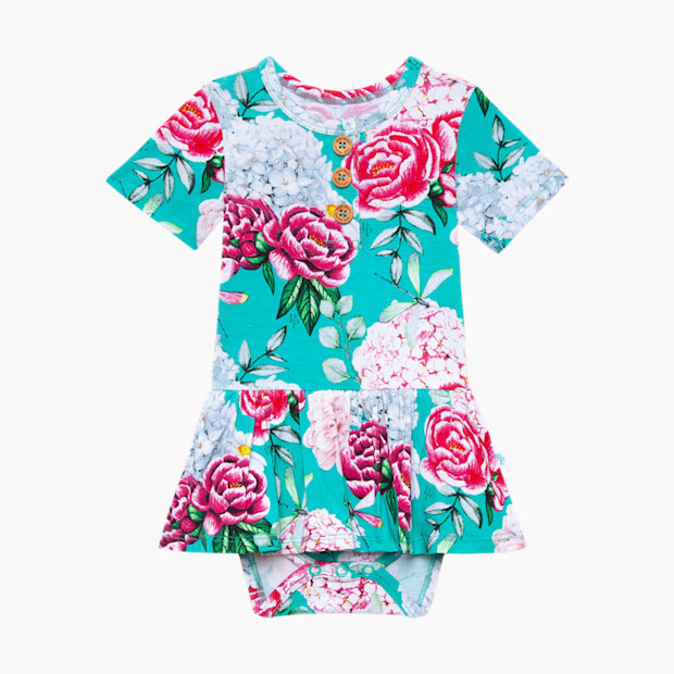 Posh Peanut Short Sleeve Henley With Twirl Skirt Bodysuit in Eloise Teal Size 3-6 Months | Viscose | Babylist