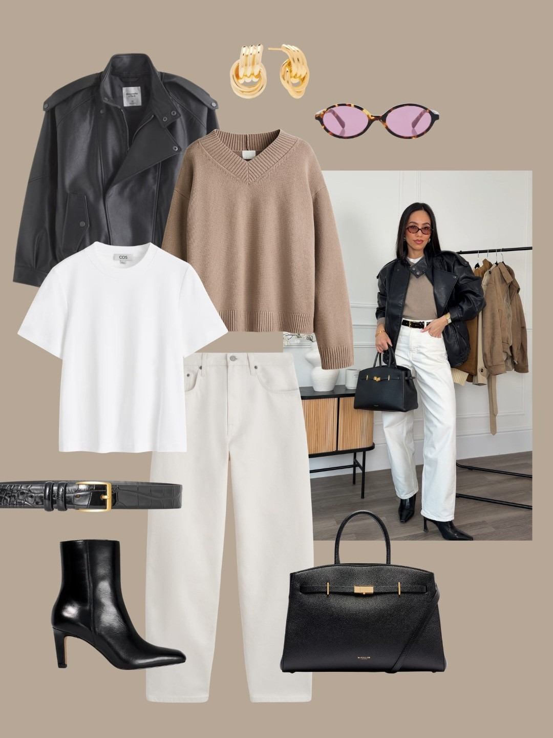 Spring outfit formulas - oversized leather jacket, beige v neck jumper with a white tee and barrel jeans, styled with black leather accessories, ankle boots and bag, and Miu Miu glasses 

 #LTKjeans #LTKstyletip

#LTKspring