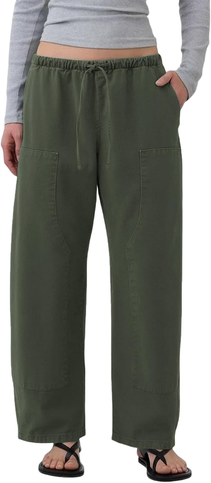 Barrel Pants Womens Double Knee Drawstring Waist Baggy Wide Leg Trousers Cotton Wash Casual Hikin... | Amazon (US)