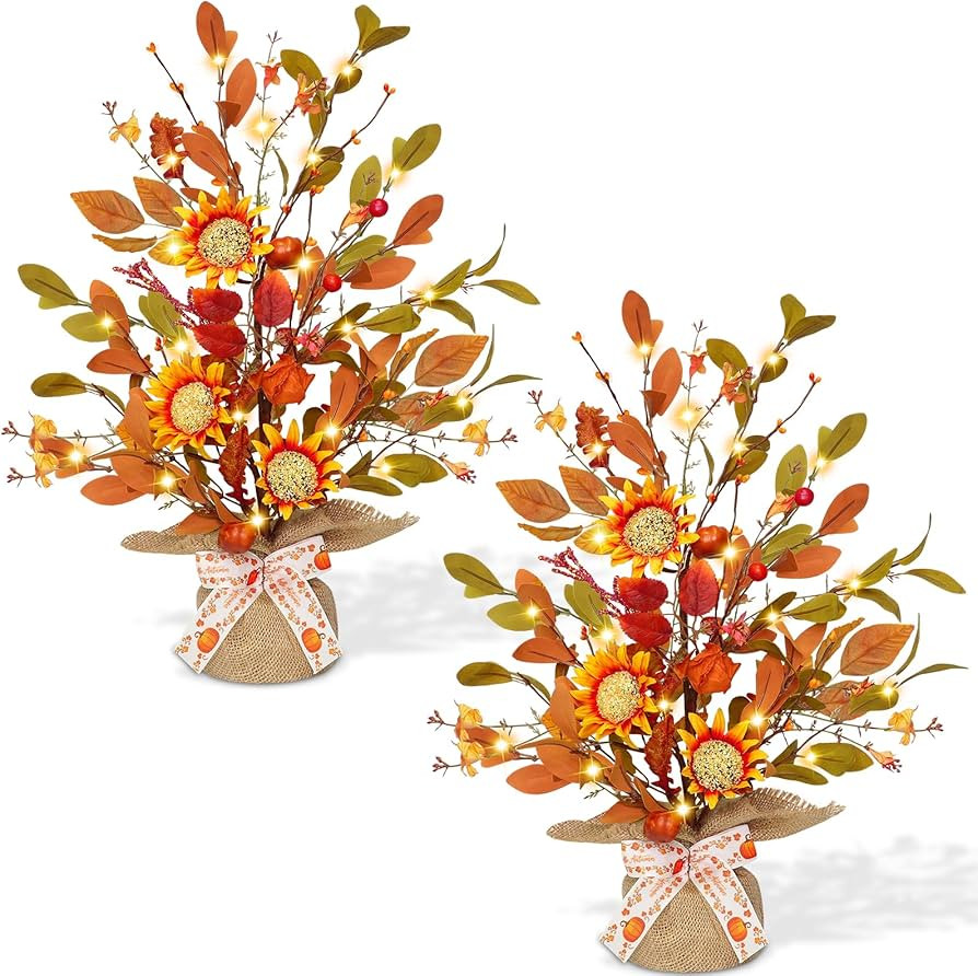 [ Timer ] 2 Pack 18 Inch Prelit Fall Maple Tree with Lights, Fall Decorations Artificial Fall Lig... | Amazon (US)