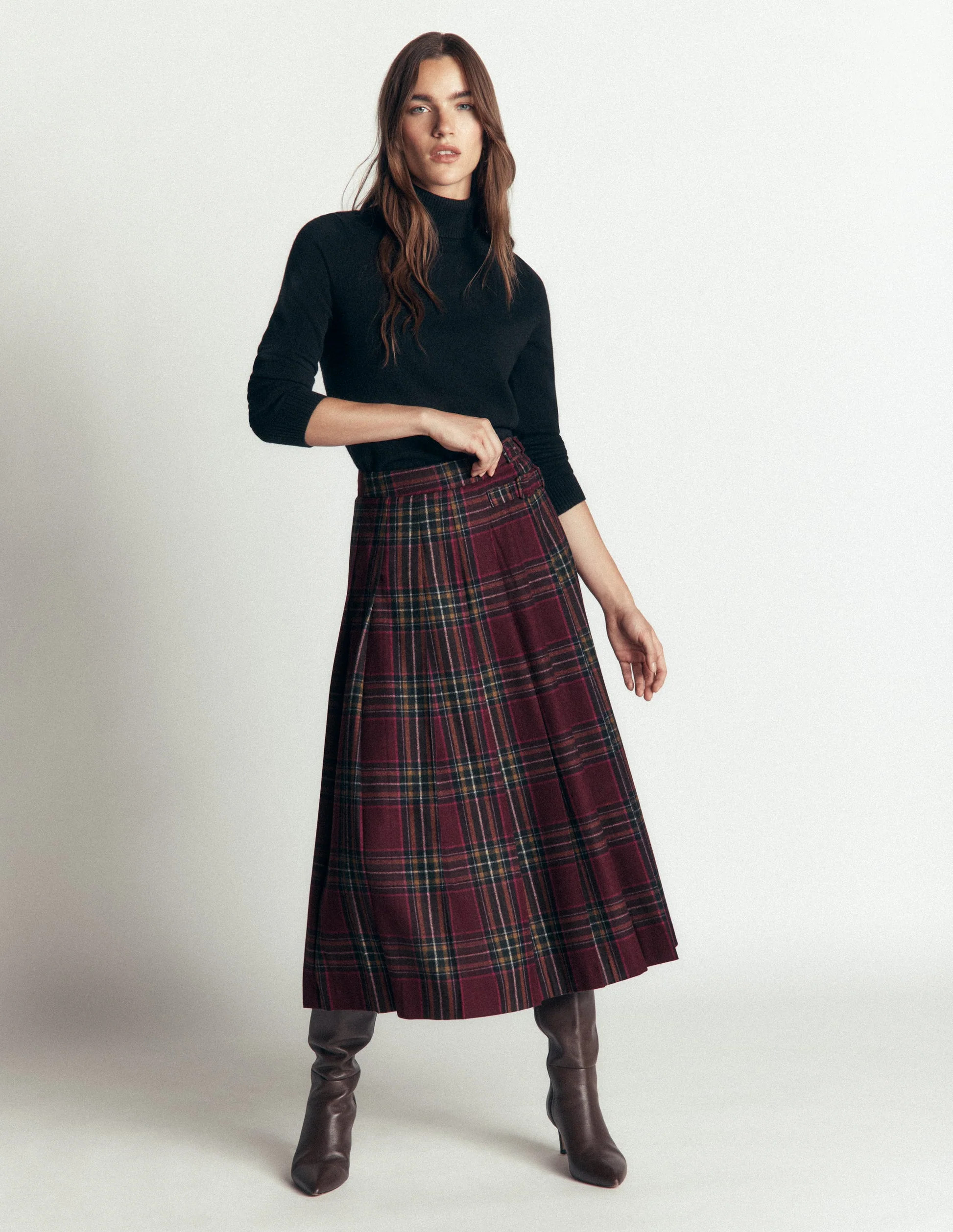 Pleated Midi Kilt-Maroon And Olive Check | Boden (US)