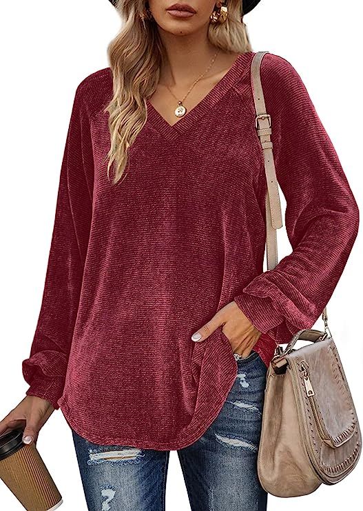 Sieanear Sweaters for Women Oversized Pullover Sweatshirts Casual V Neck Balloon Sleeve Tops | Amazon (US)