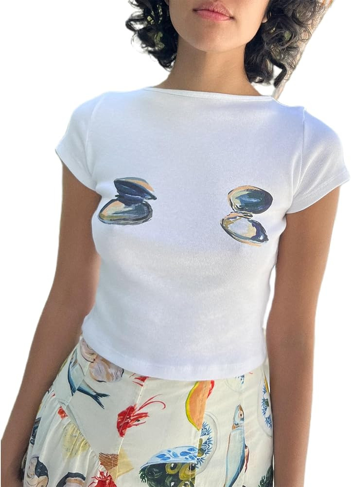 Y2K Baby Tees Women Short Sleeve Fitted Cropped Tops E Girl Funny Aesthetic Graphic T Shirt 2000s... | Amazon (US)