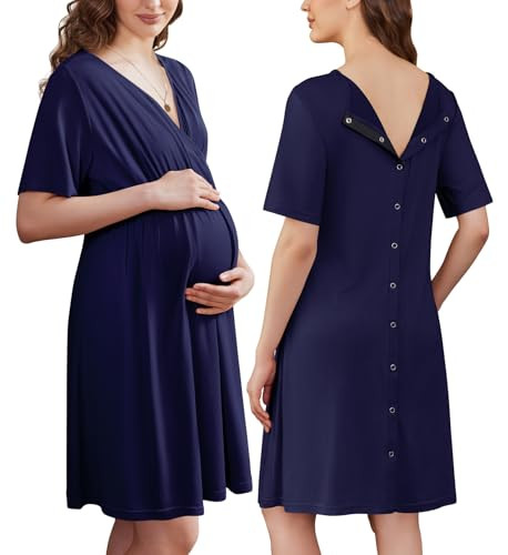Ekouaer Labor and Delivery Gown for Hospital Short Sleeve Maternity Nursing Nightgown with Button Pregnancy Clothes Navy Blue XL | Amazon (US)