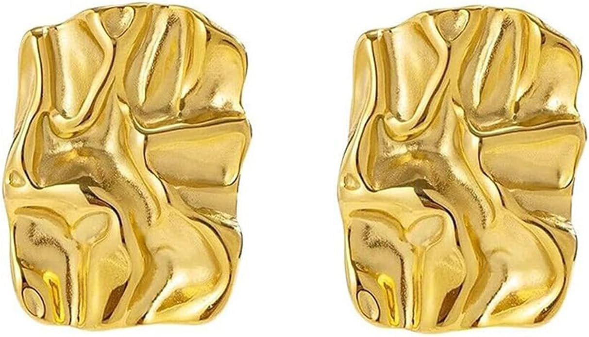 Geometric Rectangle Simple Gold Stud Earrings for Women Girls,Irregular Hammered Chunky Statement... | Amazon (US)