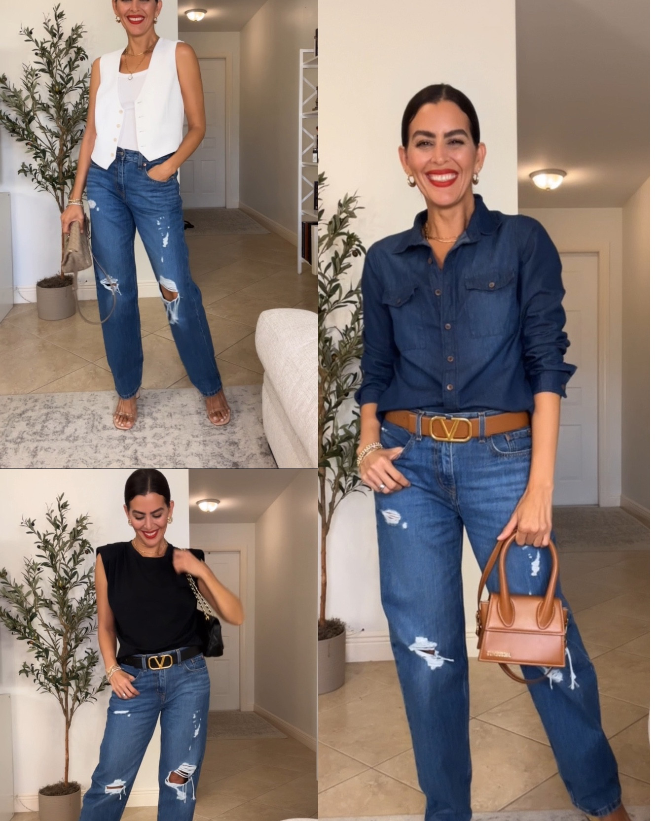 Size 28 in Levi’s for a looser fit. Usually 26. Size M in button down, side, XS in tank top. 
Belt is the 1.7” reversible black/brown .
Lipstick is feels so grand.
Shoes are tts. 
Adding similar vests.