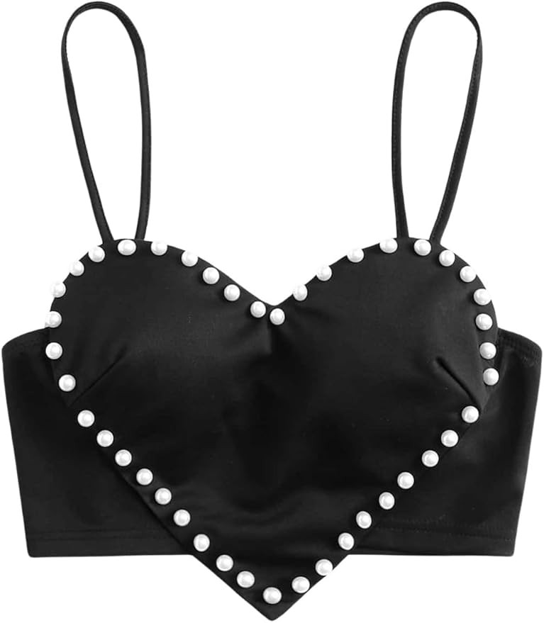 OYOANGLE Women's Pearls Trim Asymmetrical Hem Cami Crop Top Sleeveless Backless Spaghetti Strap C... | Amazon (US)