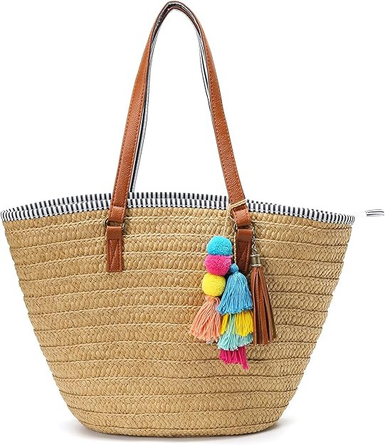 Epsion Straw Beach Bags Tote Tassels Bag Hobo Summer Handwoven Shoulder Bags Purse With Pom Poms | Amazon (US)