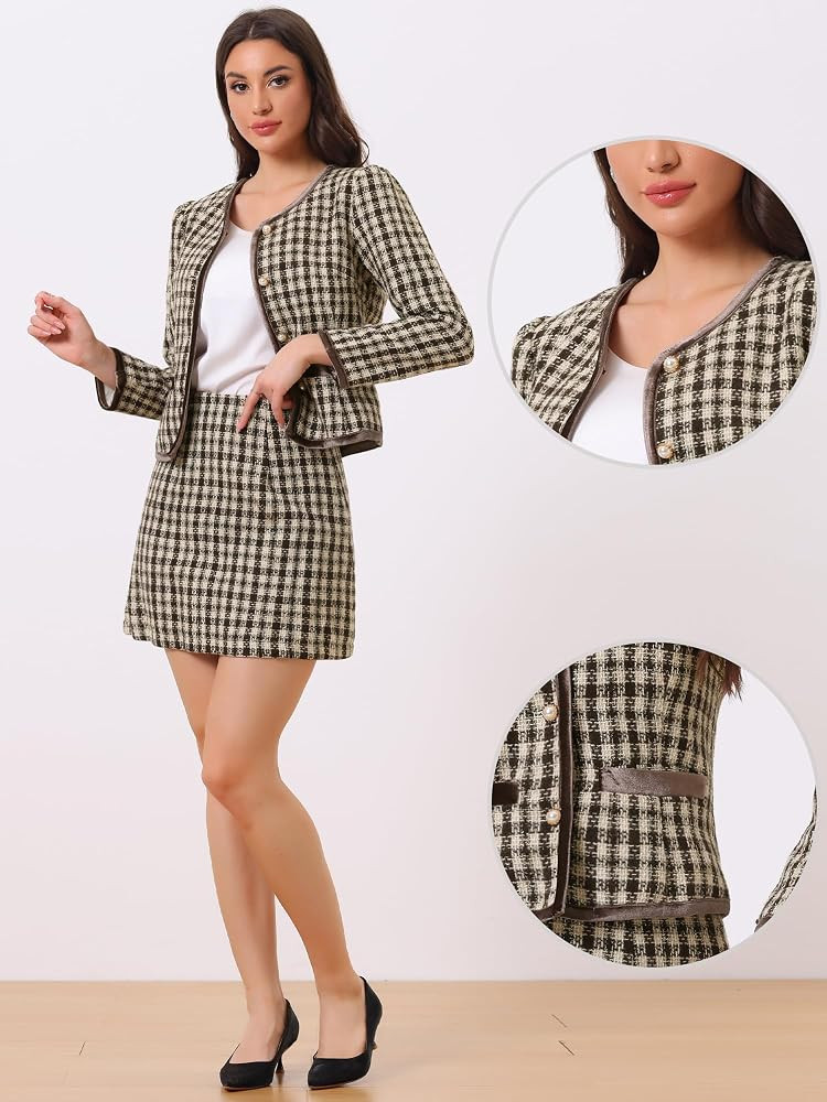Allegra K Women Business Suit Set Plaid Tweed Jacket Crop Blazer Mini Skirt | Amazon (US)