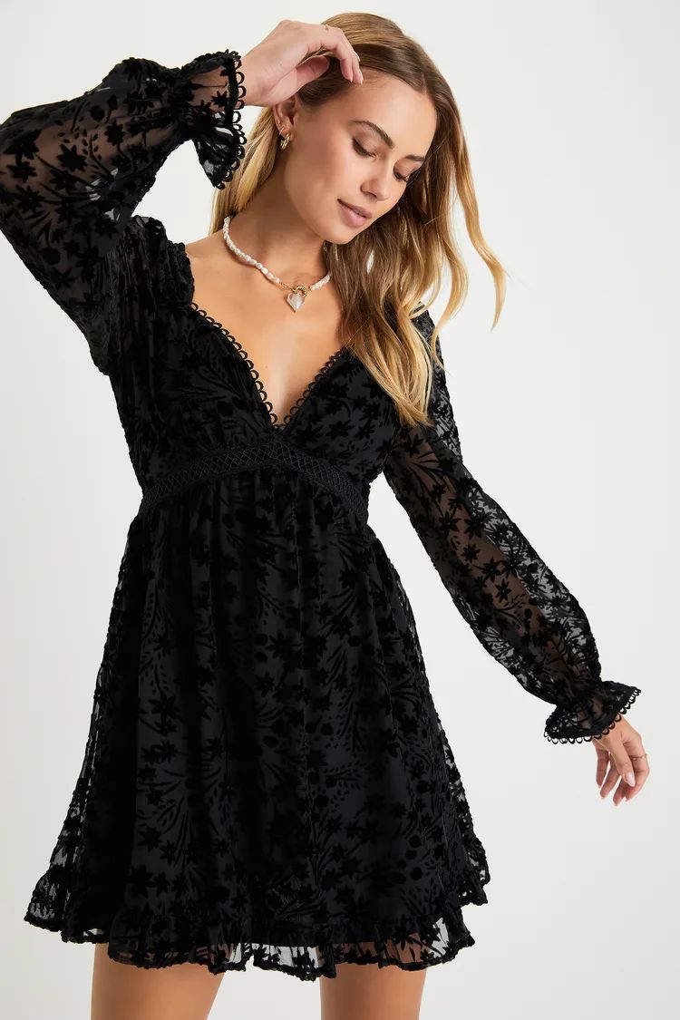 Charming Favorite Black Burnout Velvet Babydoll Mini Dress | Lulus (US)