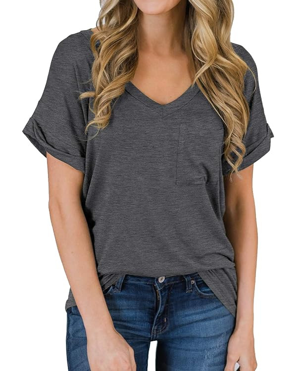 MIHOLL Women's Short Sleeve V-Neck Shirts Loose Casual Tee T-Shirt | Amazon (US)