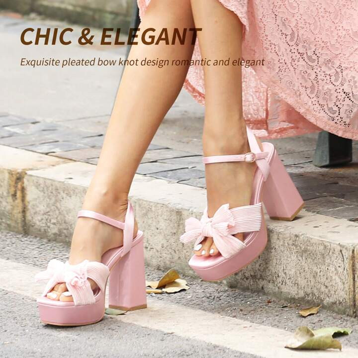 Cut Bow Knot Fashion Sexy Open Toe Chunky Heels Pumps Sandals For Women, Comfor Platform Block He... | SHEIN