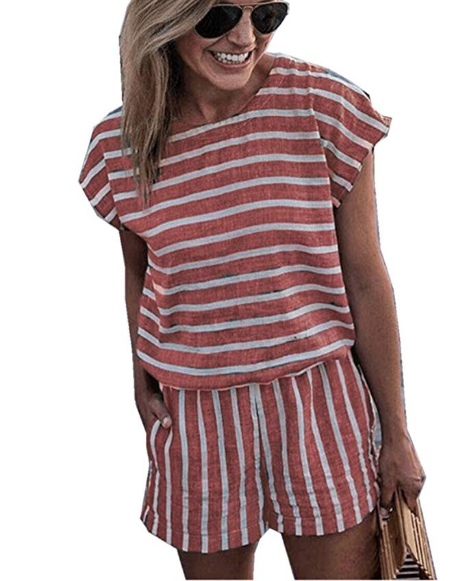 Asskdan Women's Summer Striped Jumpsuit Playsuit Casual Loose Short Sleeve Jumpsuit Rompers | Amazon (US)