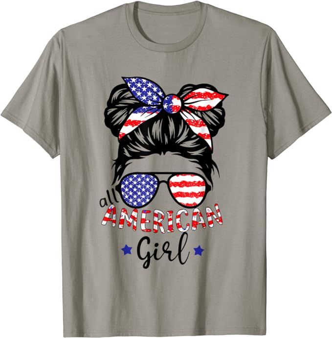 All American Girls 4th of July Shirt Daughter Messy Bun USA T-Shirt | Amazon (US)