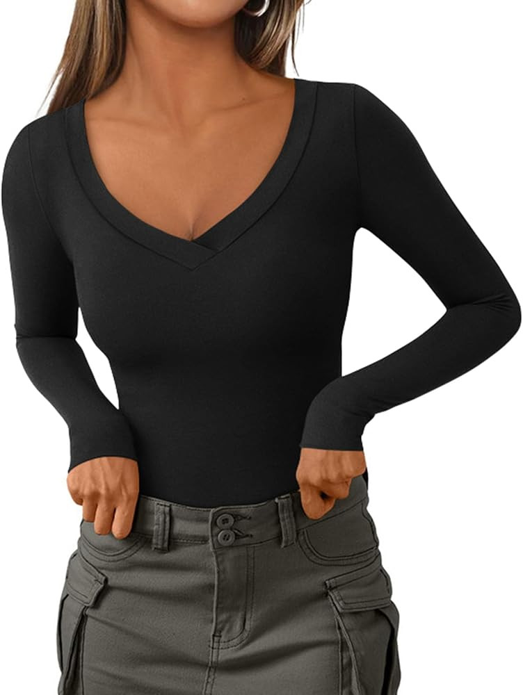 PRETTYGARDEN Long Sleeve Shirts for Women 2025 Fall Fashion V Neck Going Out Tops Slim Fit Basic ... | Amazon (US)