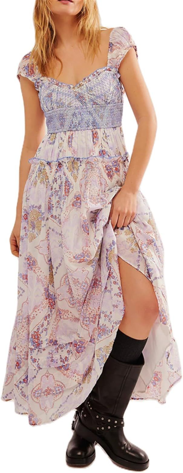 Women’s Floral Smocked Maxi Dress Boho Puff Sleeve Sweetheart A-Line Flowy Long Dresses Y2K Swi... | Amazon (US)