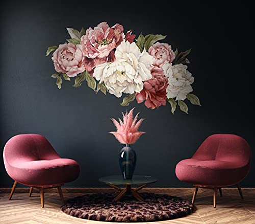 Murwall Red Pink White Peony Wall Decals, Peonies Vintage Bouquet Wall Stickers with green leaves | Amazon (US)